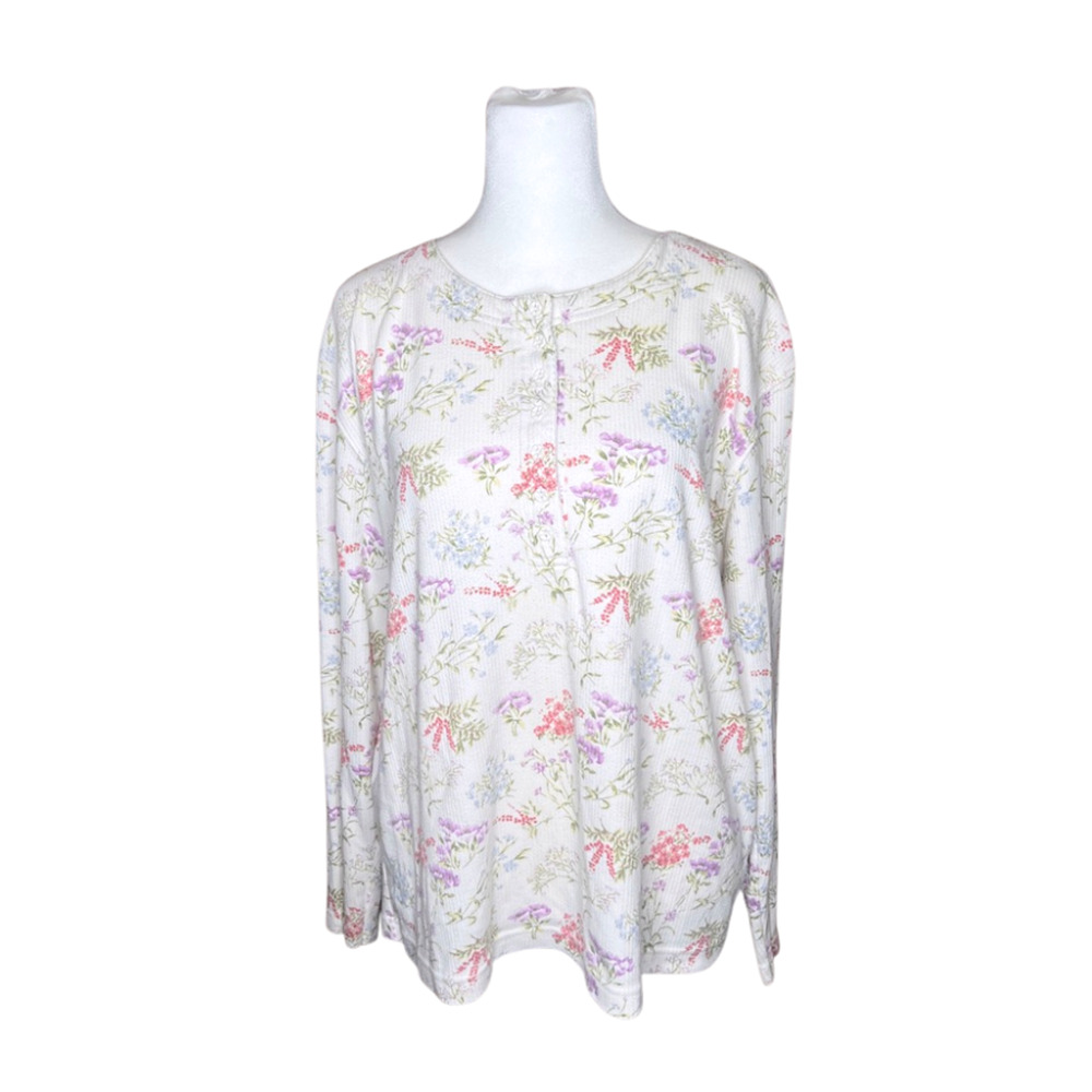 Vintage 90s Floral Henley Top L Multi-color Cottagecore Botanical Garden Nature